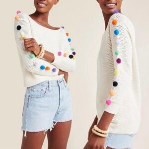 By Anthropologie Wide Open Neck Line Cream Sweater with Colorful Pom-Poms